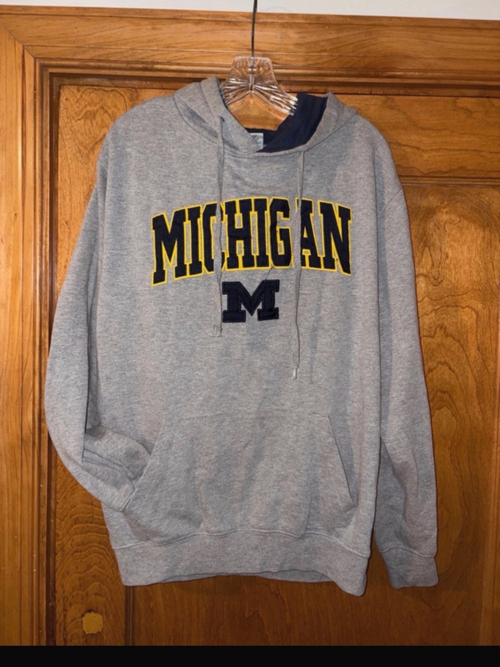 Stadium Athletics Gray Hoodie with Navy and Yellow Michigan Logo